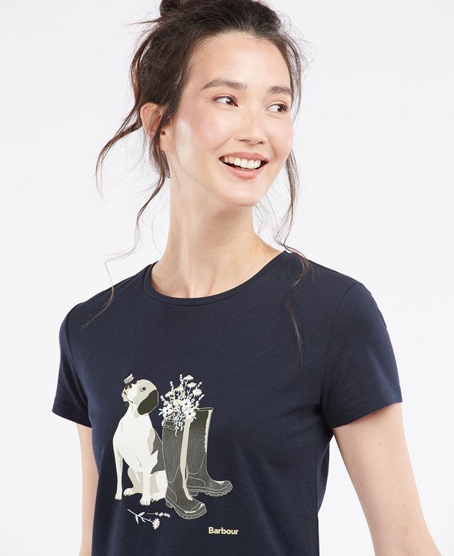Women\'s Barbour Rowen T Shirts Navy | BIPC-23851